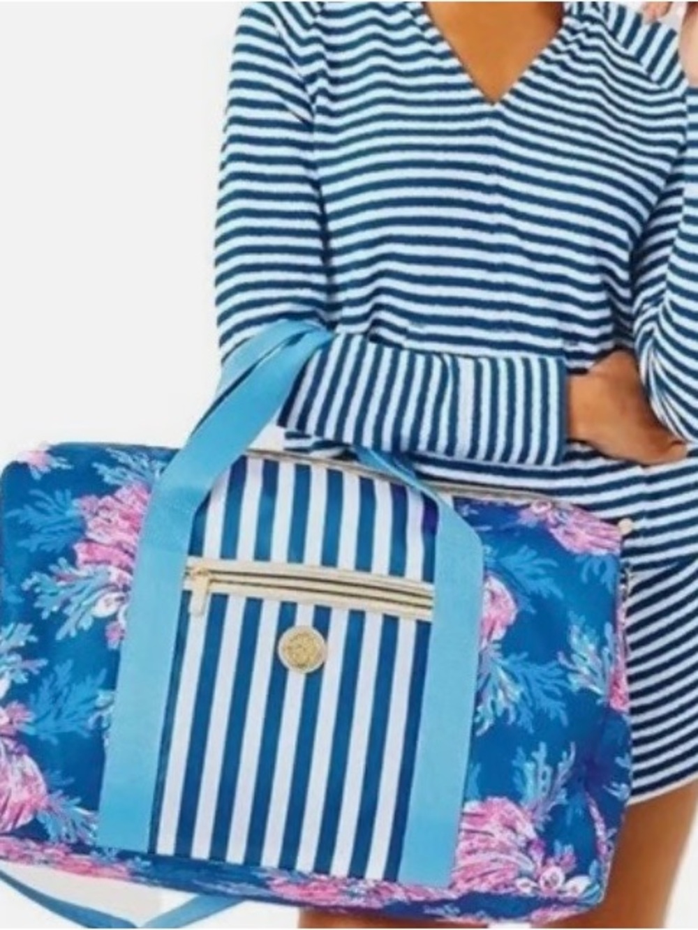 Lilly Pulitzer Navy Floral Stripe Tote with Pink Accents NWOT
